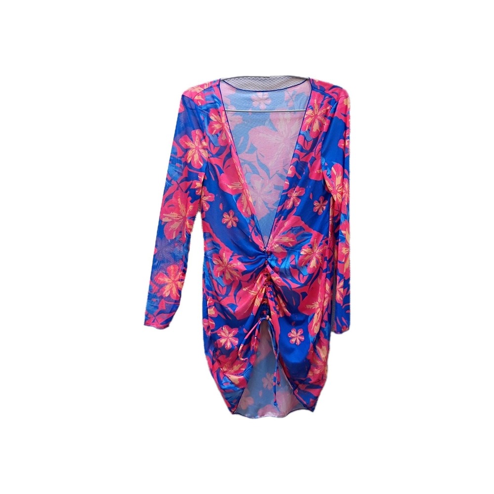 Sheer Floral Blue Orange Ruched Swim Cover Up Dress Mesh Long Sleeve Size L